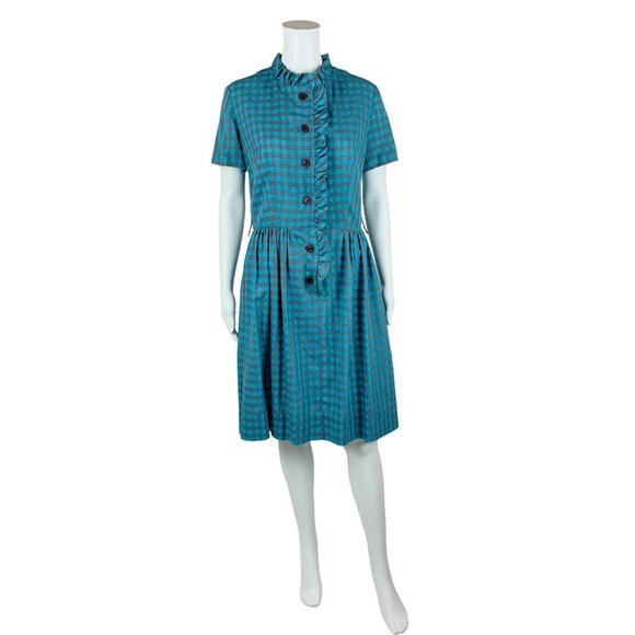 Vintage 1960s Blue Gingham Dress Ruffle Neckline Fit & FlareW 29"